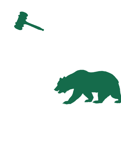 California Law Help Logo with green bear and gavel on white California silhouette