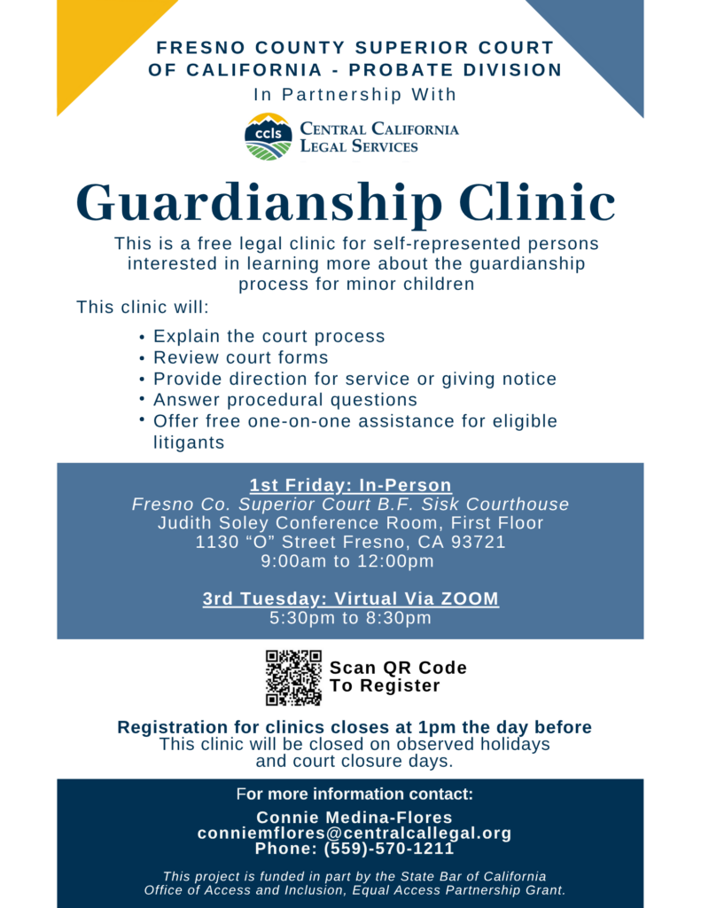 CCLS Guardianship Clinic flyer use QR code to register.